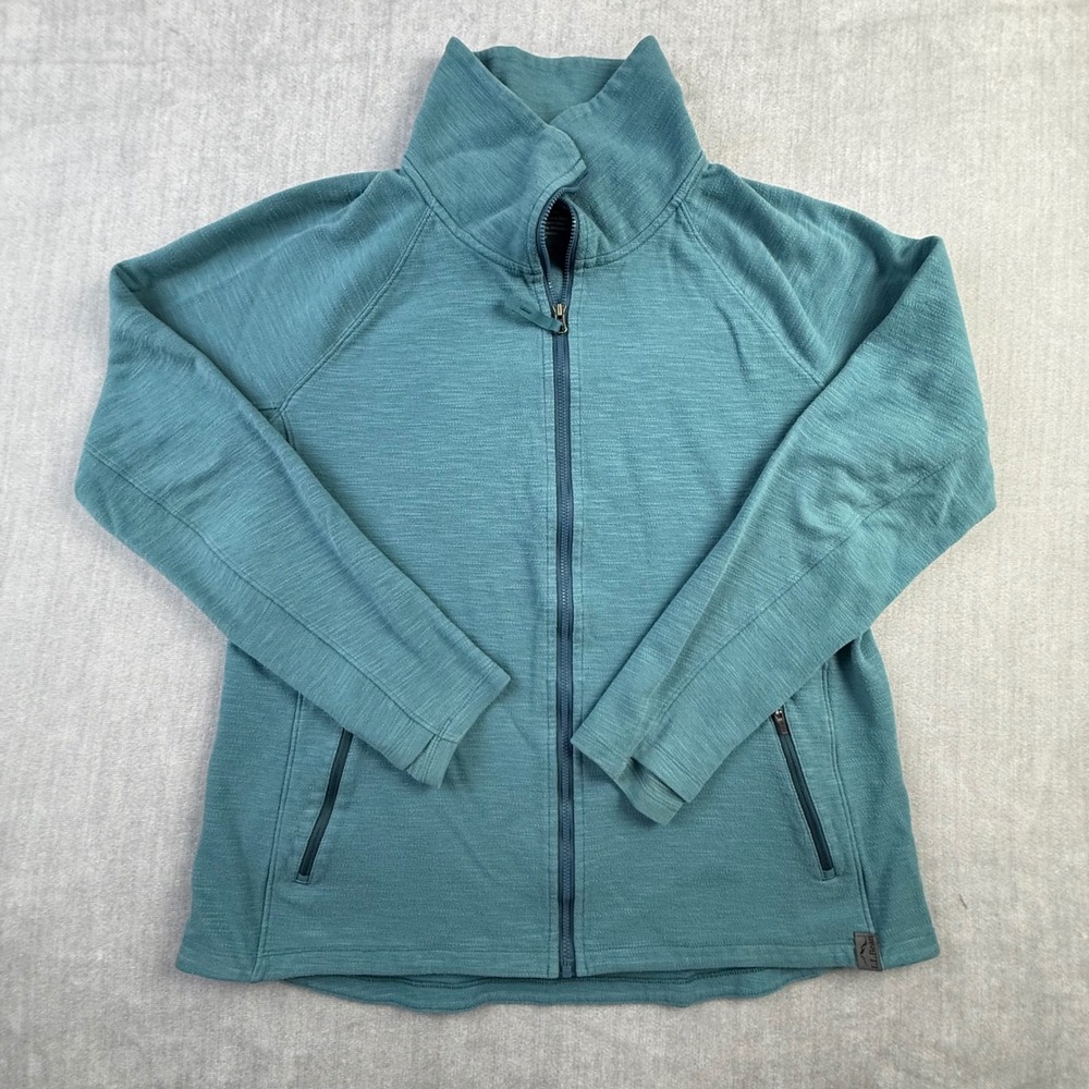 LL Bean Womens Full Zip Mock Neck Jacket Teal Blue Slub Knit 506472 Large L REG